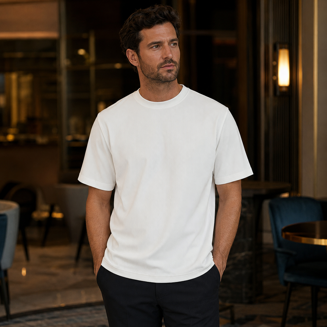 Men's white ribbed regular fit crew neck T-shirt indoor lifestyle