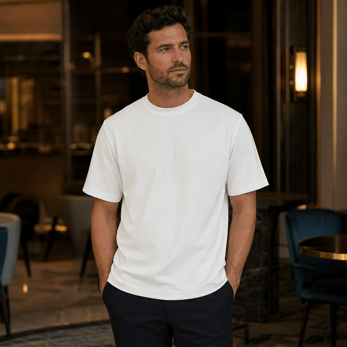 White Ribbed Regular Fit Crew Neck T-Shirt - Upscale Men's Fashion