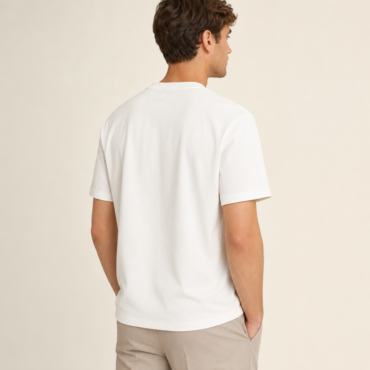 Men's white ribbed regular fit crew neck T-shirt rear view