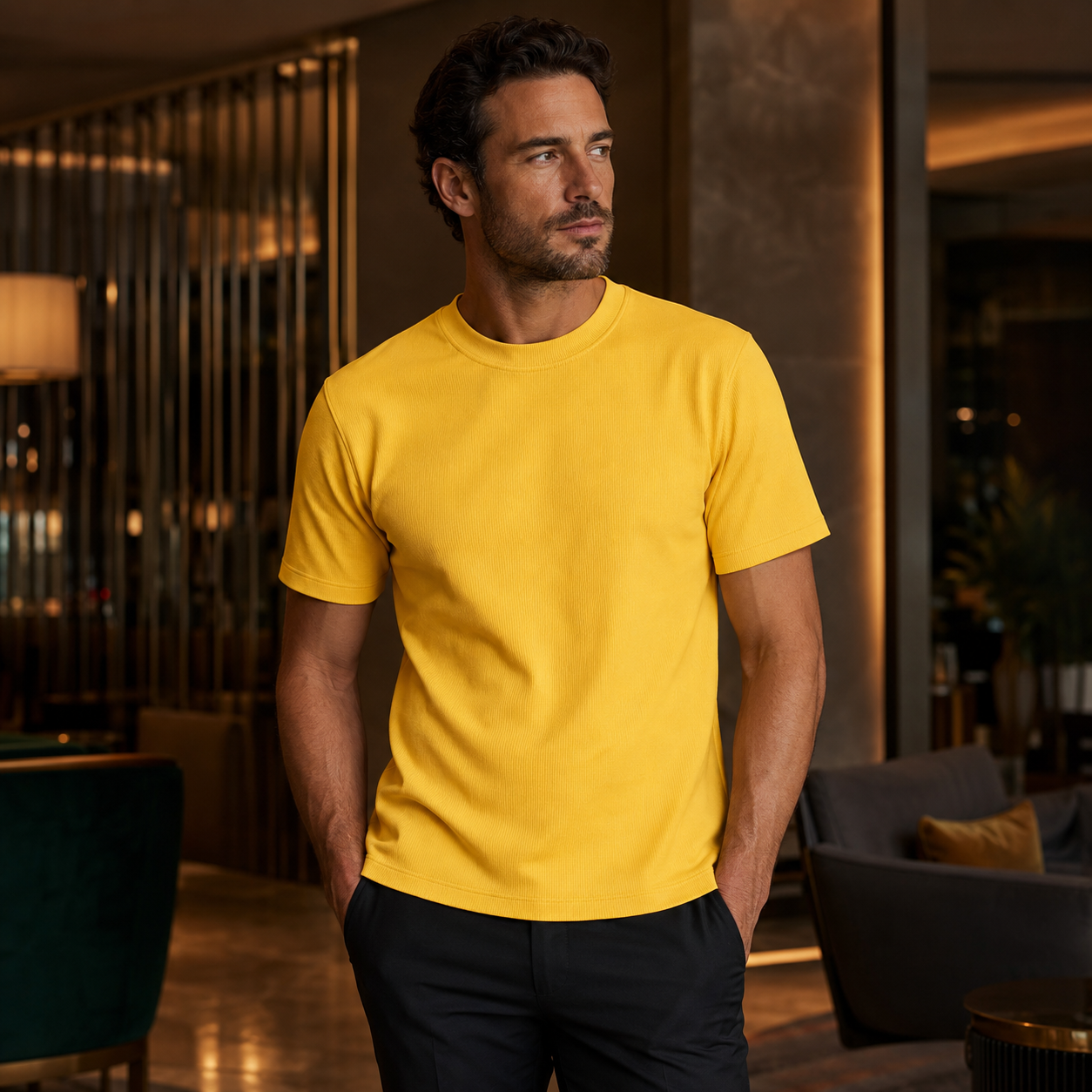 Men's yellow ribbed regular fit crew neck T-shirt indoor lifestyle