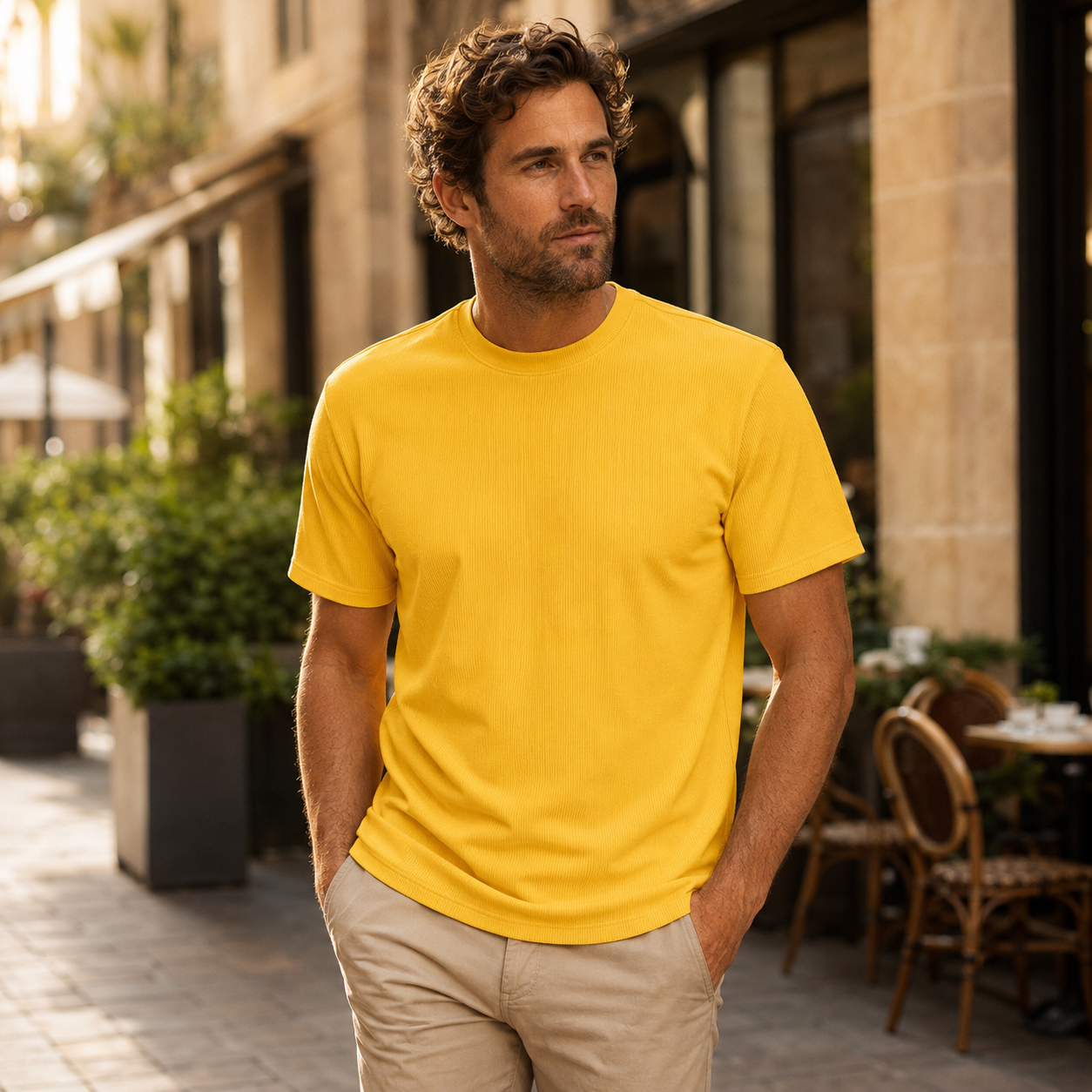 Men's yellow ribbed regular fit crew neck T-shirt outdoor lifestyle