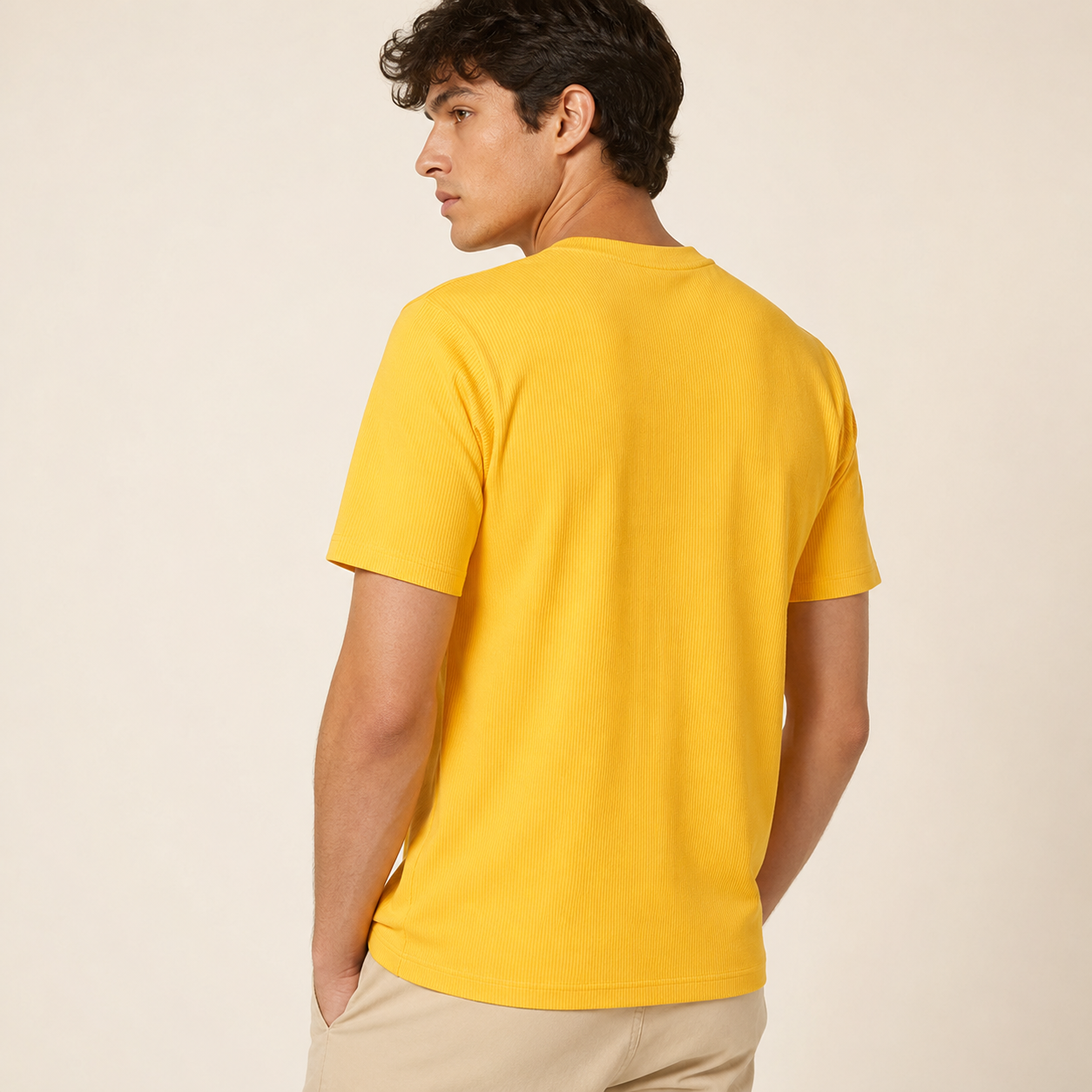 Men's yellow ribbed regular fit crew neck T-shirt rear view