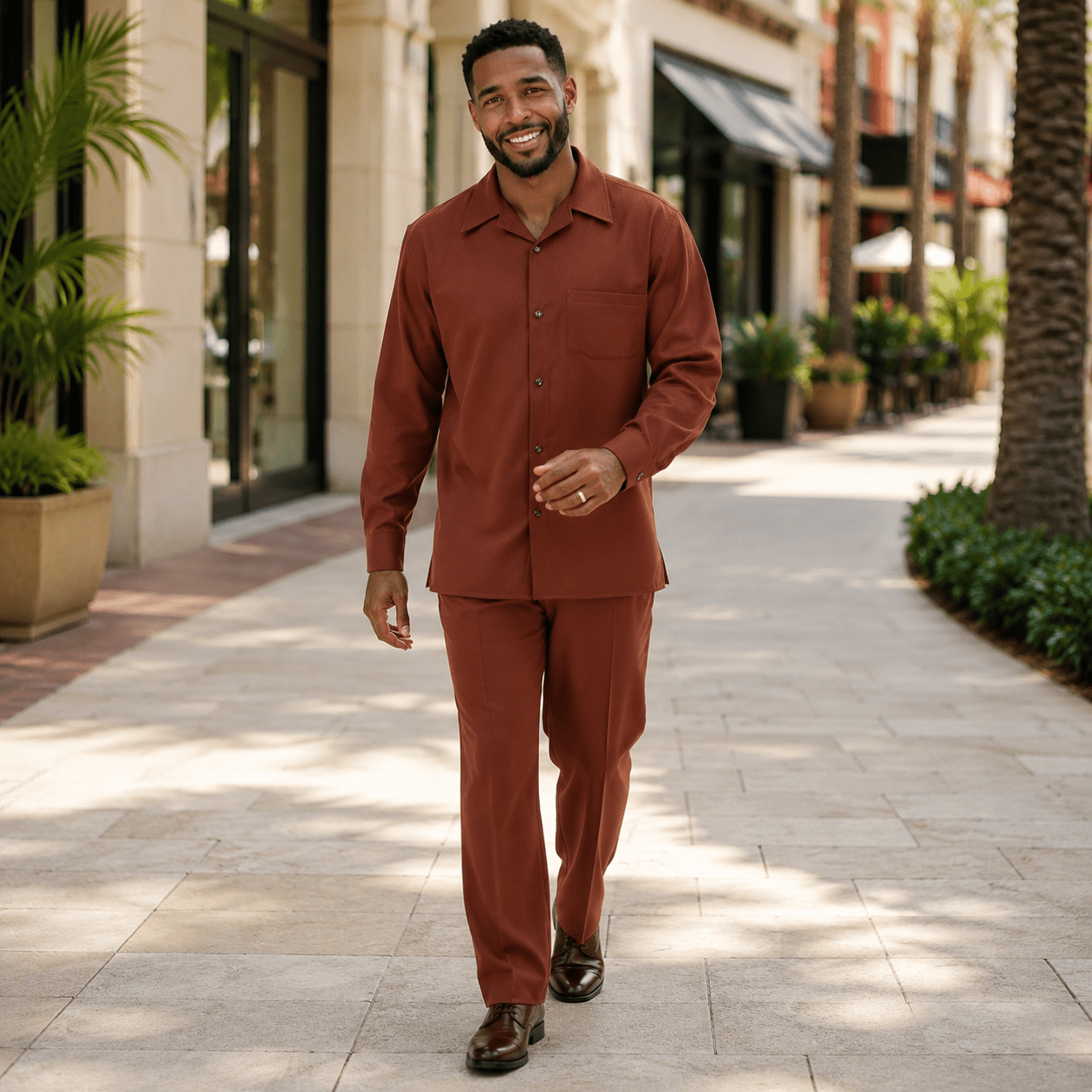 Montique Men's 2 Piece Long Sleeve Walking Suit Solid Cognac - Upscale Men's Fashion