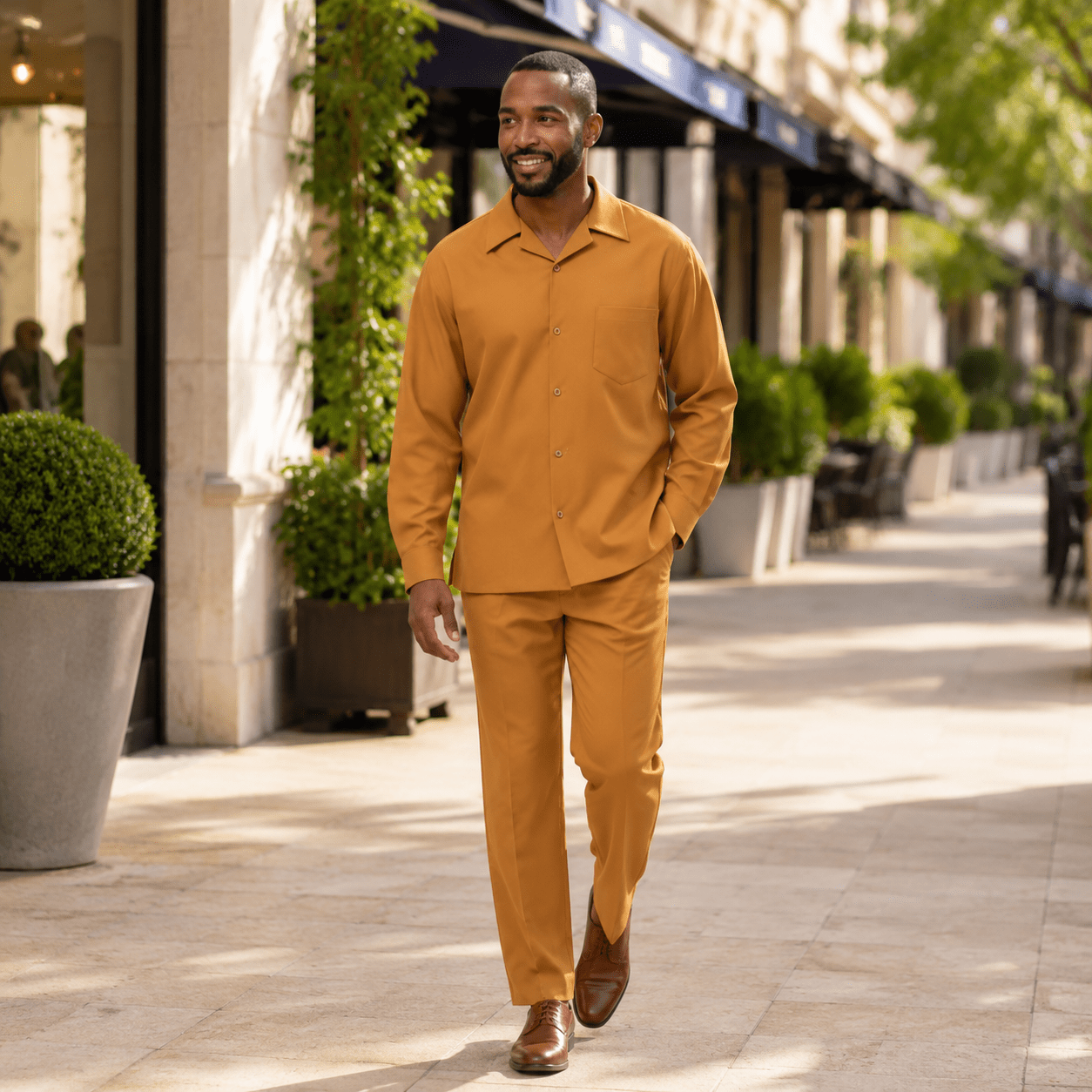 Montique Men's 2 Piece Long Sleeve Walking Suit Solid Gold - Upscale Men's Fashion