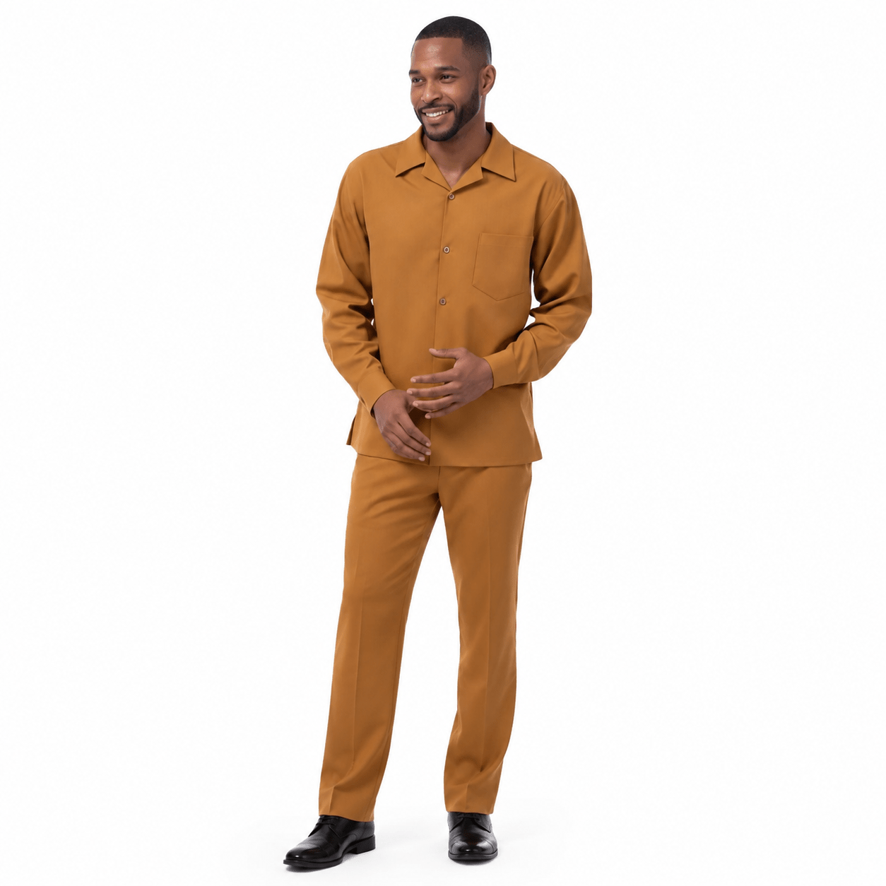 Montique Men's 2 Piece Long Sleeve Walking Suit Solid Gold - Upscale Men's Fashion