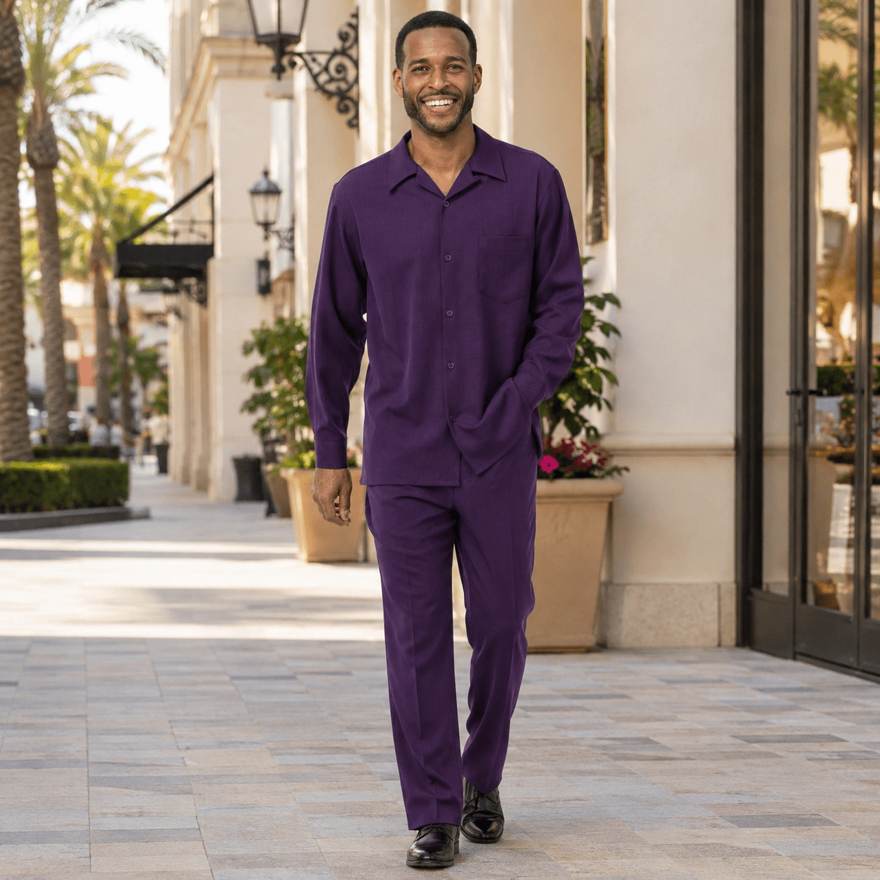 Montique Men's 2 Piece Long Sleeve Walking Suit Solid Grape - Upscale Men's Fashion