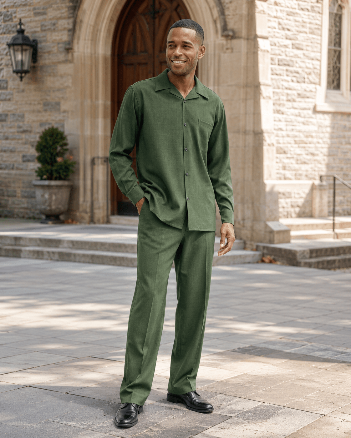 Montique Men's 2 Piece Long Sleeve Walking Suit Solid Hunter Green - Upscale Men's Fashion