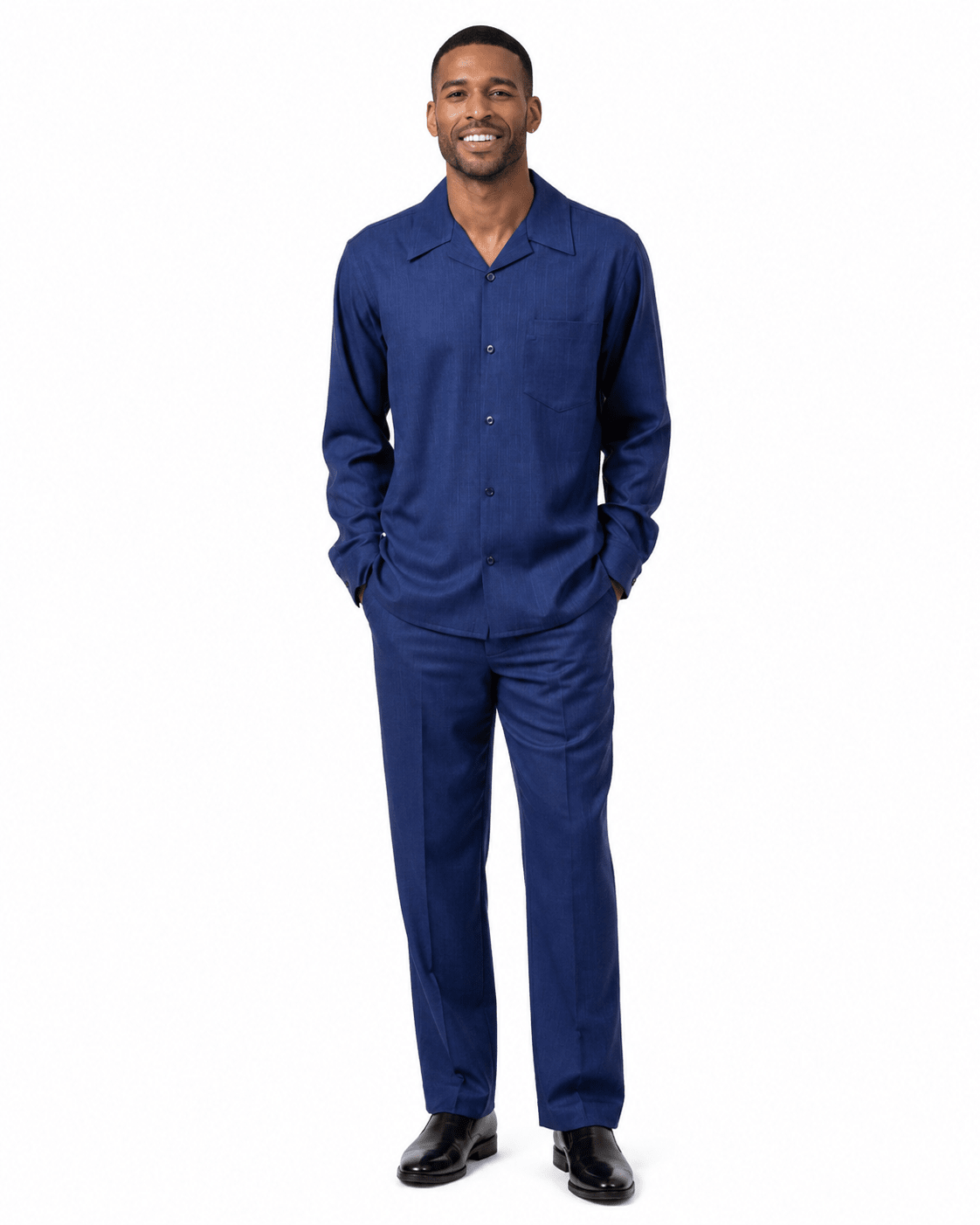 Montique Men's 2 Piece Long Sleeve Walking Suit Solid Navy - Upscale Men's Fashion
