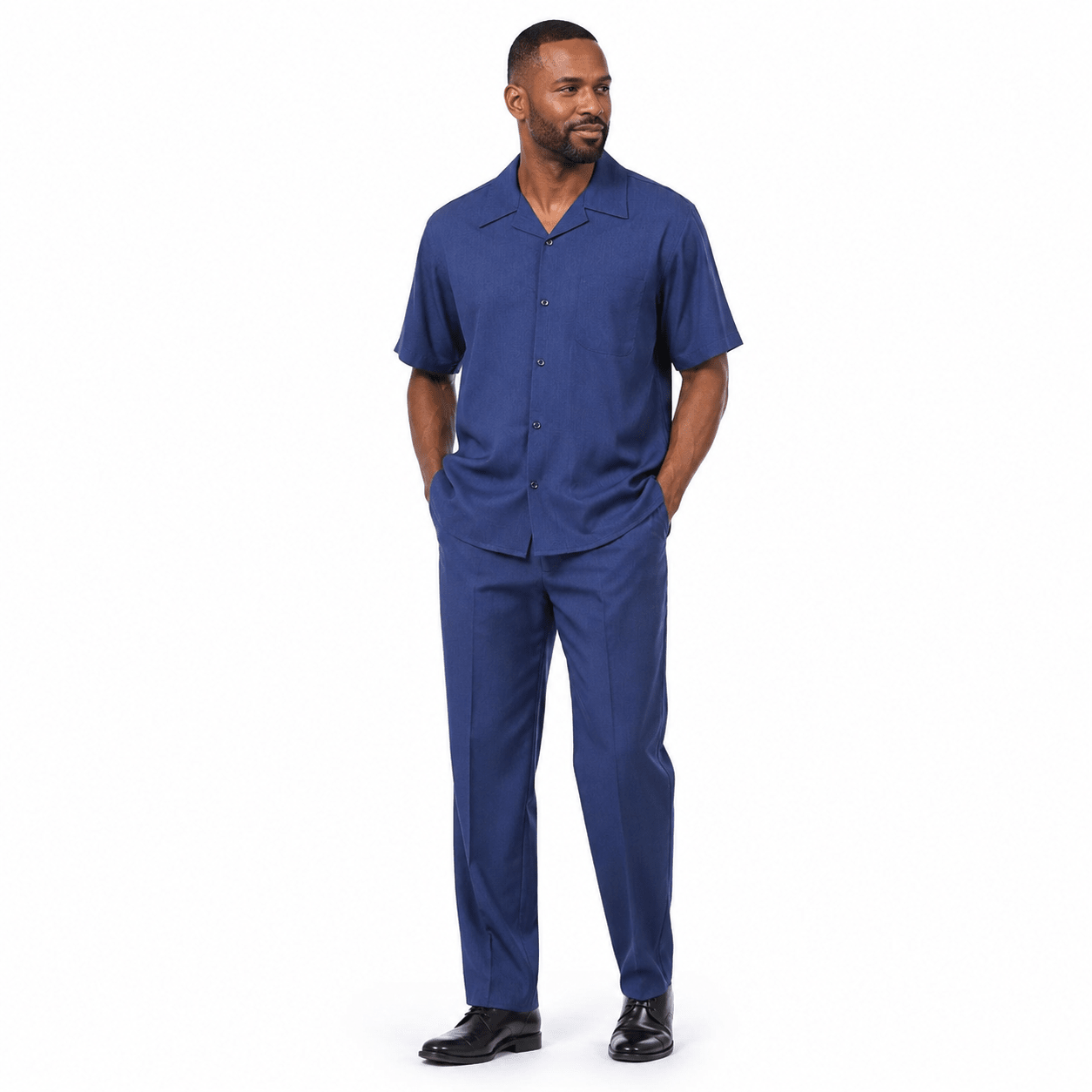 Montique Men's 2 Piece Short Sleeve Walking Suit Solid Navy - Upscale Men's Fashion