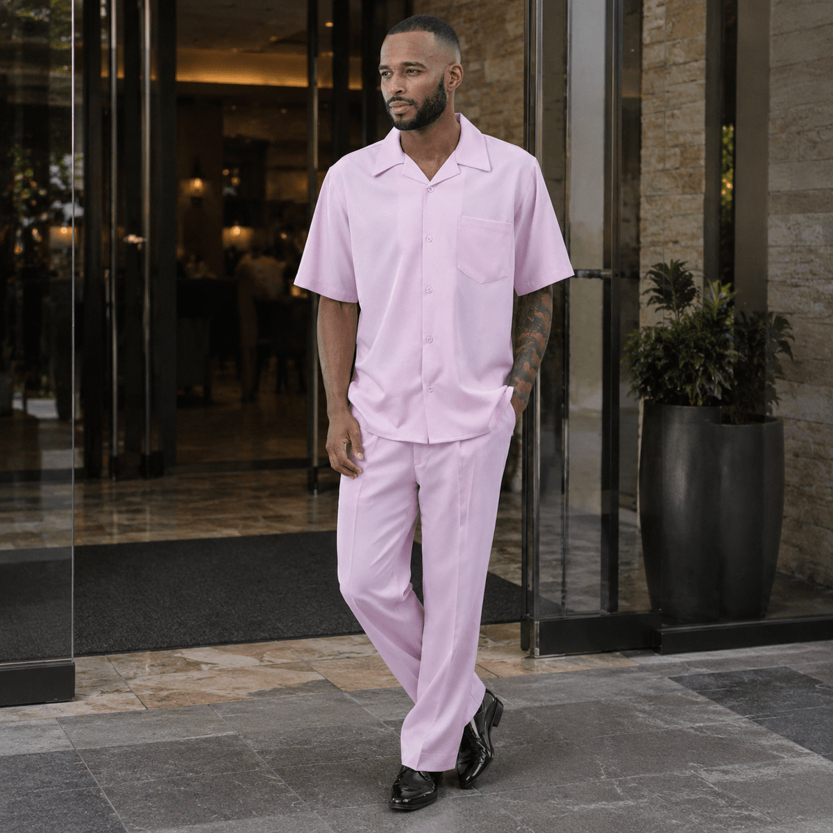 Montique Men's 2 Piece Short Sleeve Walking Suit Solid Pink - Upscale Men's Fashion