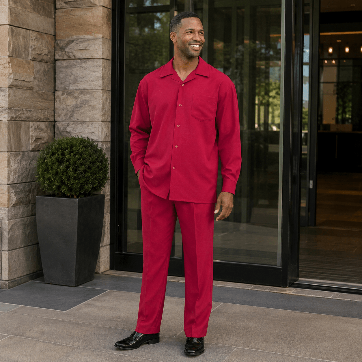Montique Men's 2 Piece Long Sleeve Walking Suit Solid Red - Upscale Men's Fashion