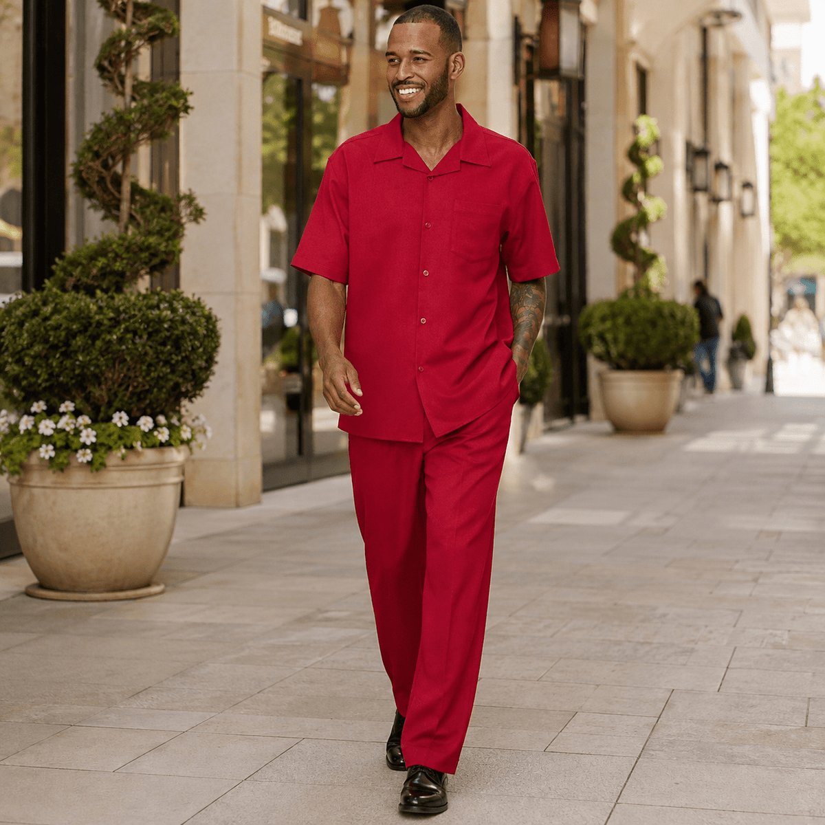 Montique Men's 2 Piece Short Sleeve Walking Suit Solid Red - Upscale Men's Fashion