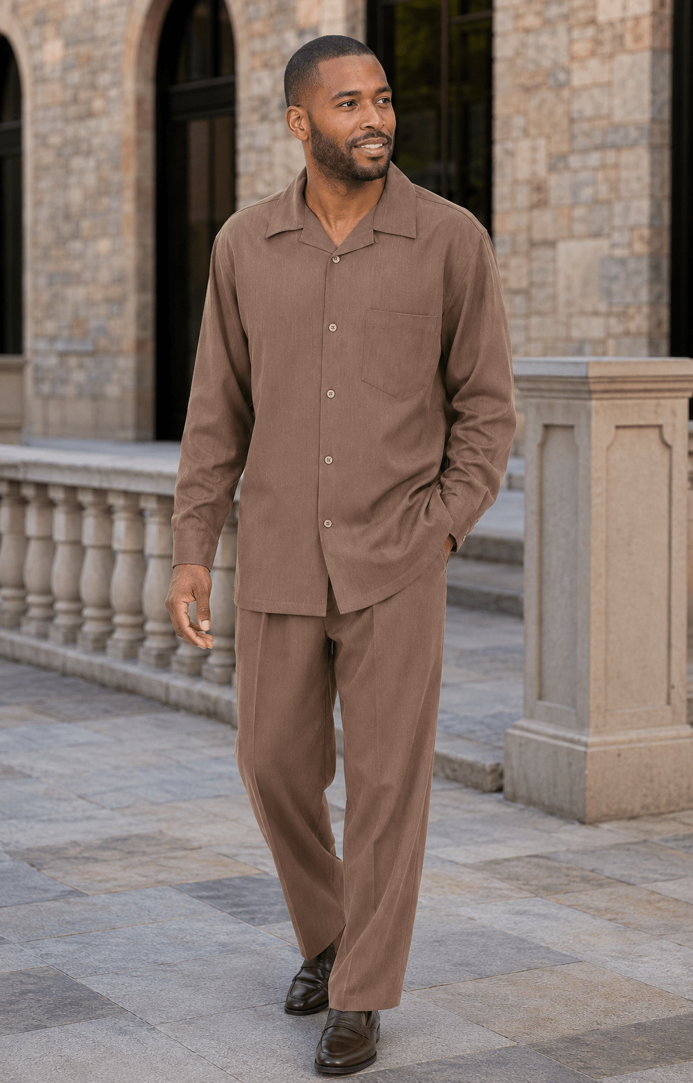 Montique Men's 2 Piece Long Sleeve Walking Suit Solid Tan - Upscale Men's Fashion