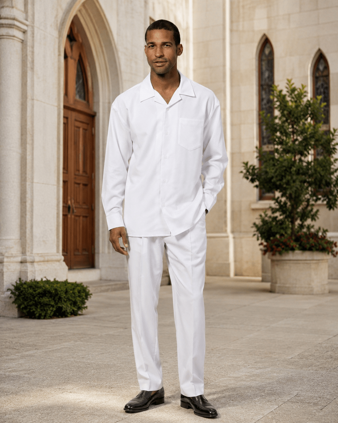Montique Men's 2 Piece Long Sleeve Walking Suit Solid White - Upscale Men's Fashion