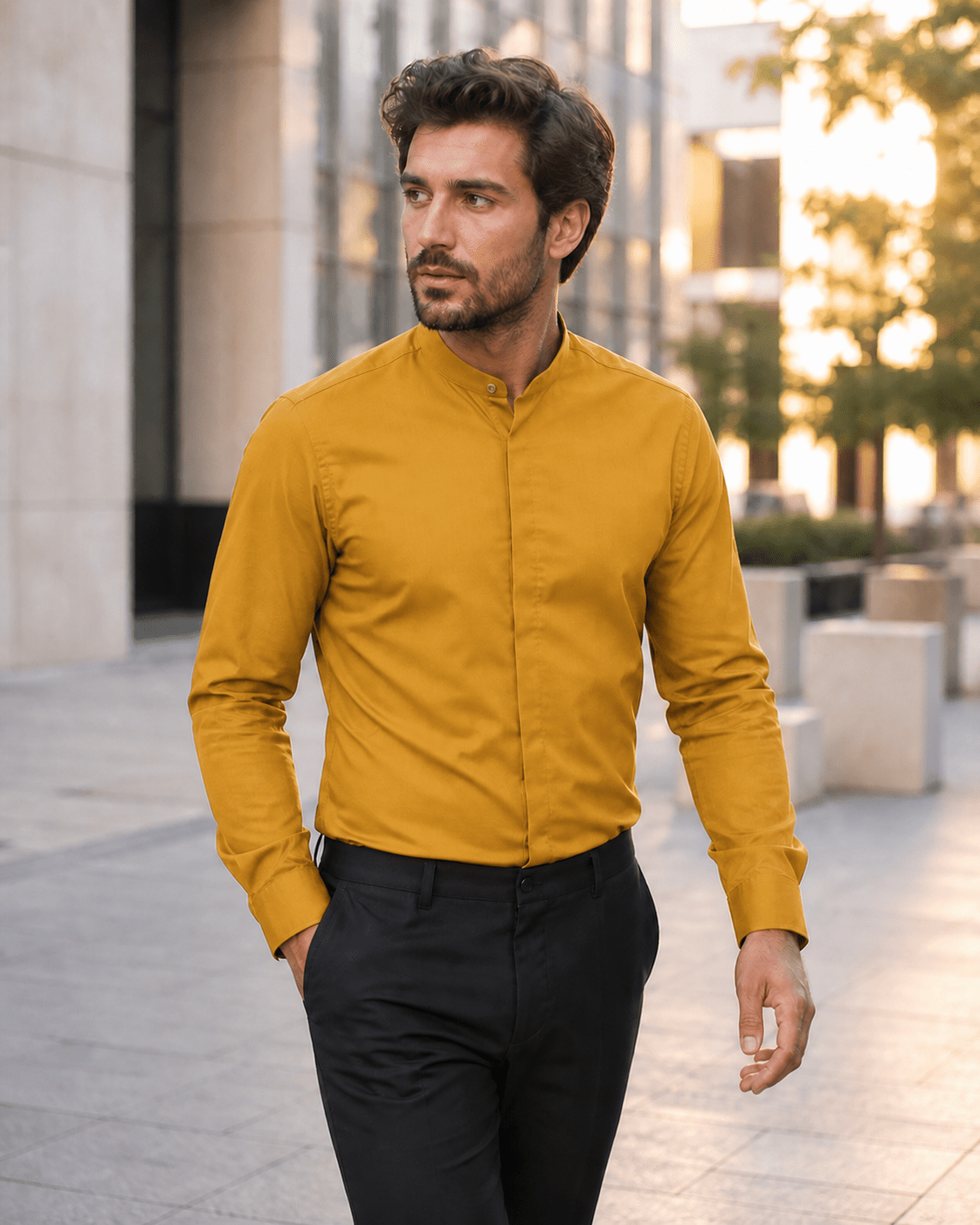 Banded Collar Dress Shirt, Mustard - Upscale Men's Fashion