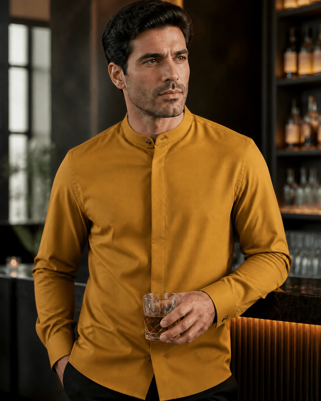 Banded Collar Dress Shirt, Mustard - Upscale Men's Fashion