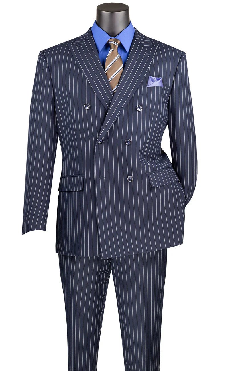 Navy Pinstripe Regular Fit Double-Breasted Suit – Banker Collection - Upscale Men's Fashion