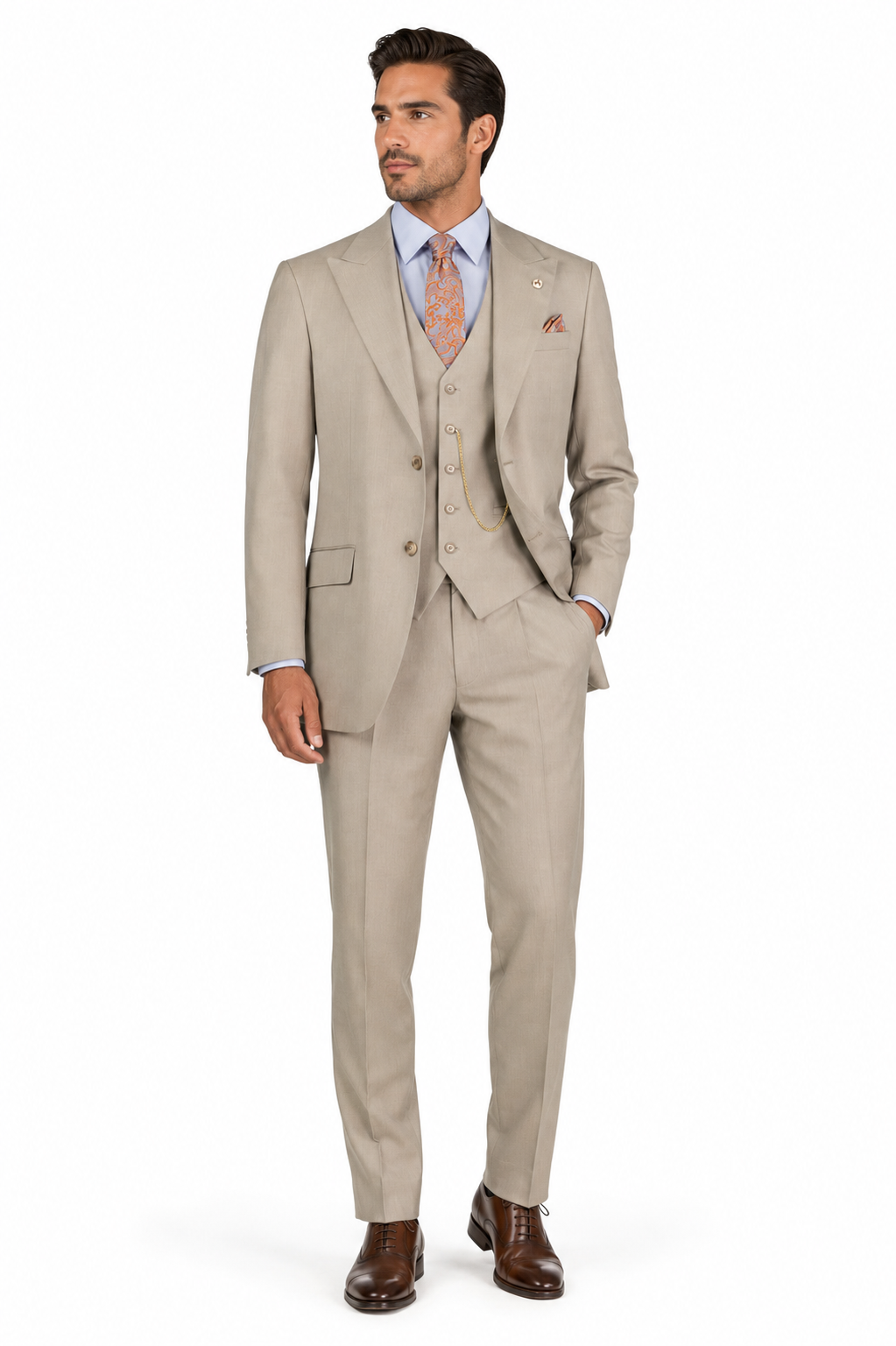 Oatmeal textured regular fit three-piece suit front studio view on male model
