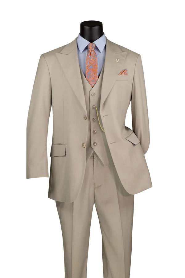 Oatmeal textured regular fit three-piece suit with peak lapels and matching vest