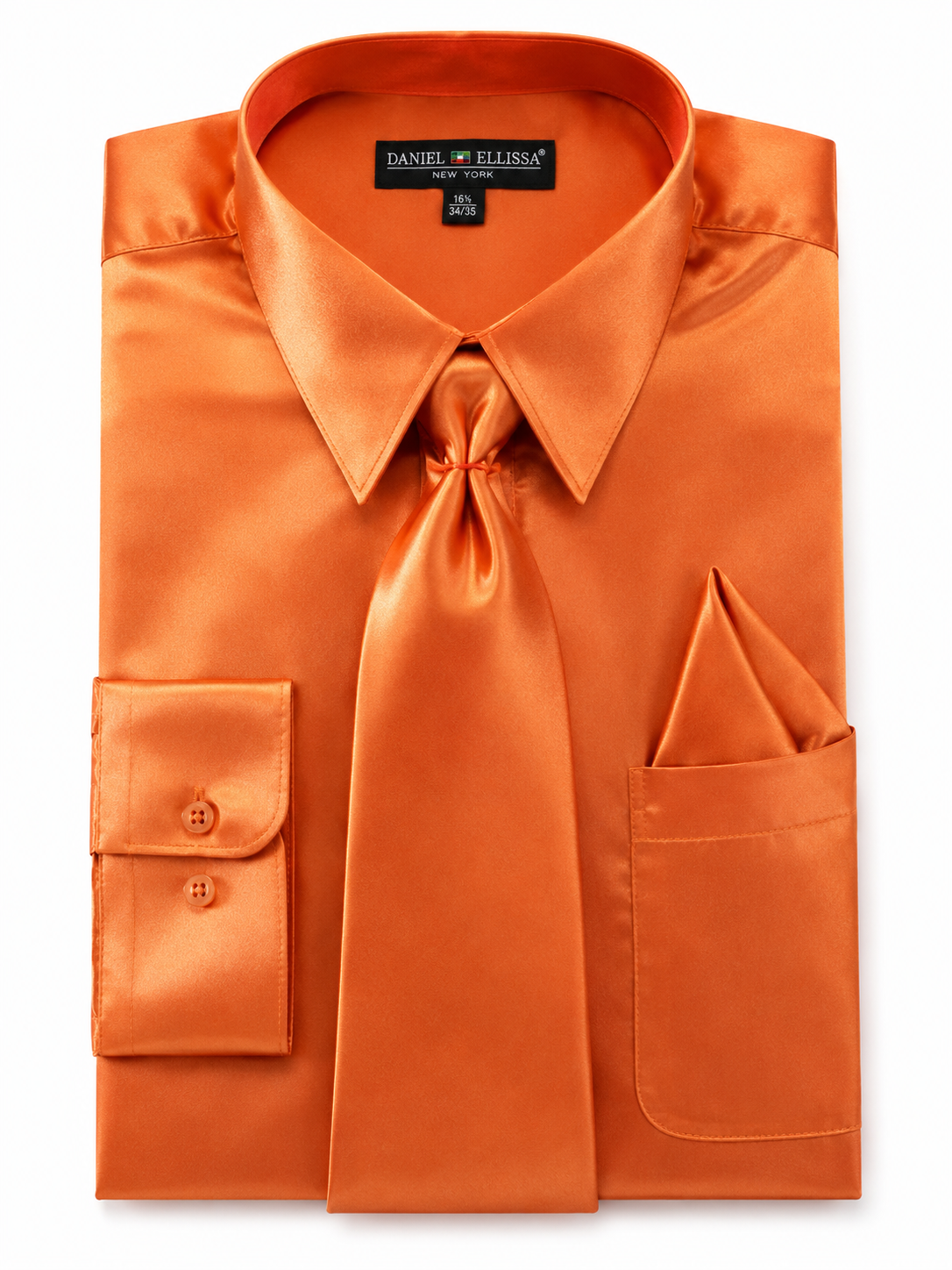 Orange Satin Dress Shirt Set with Matching Tie & Pocket Square