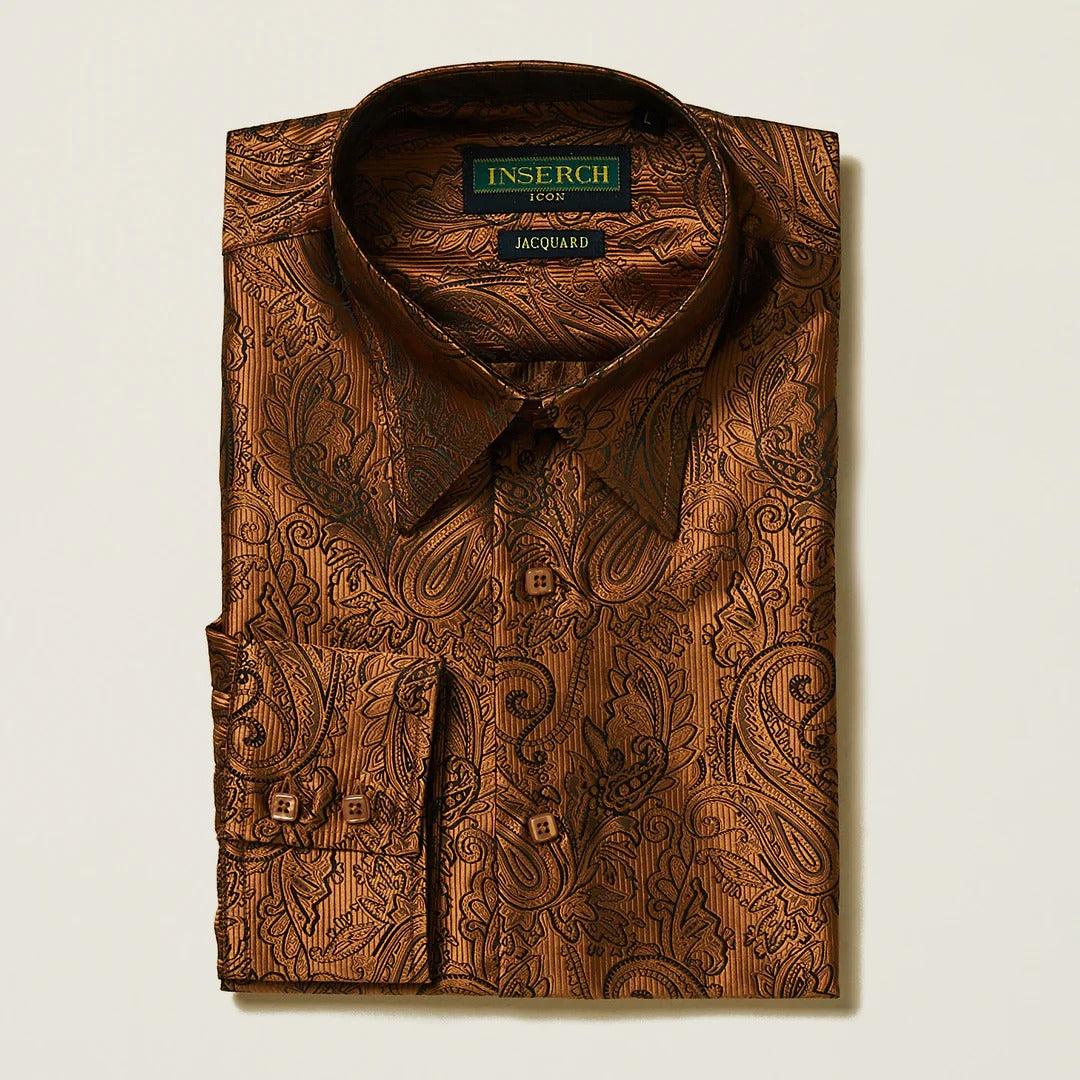 Caramel Paisley Long Sleeve Jacquard Shirt