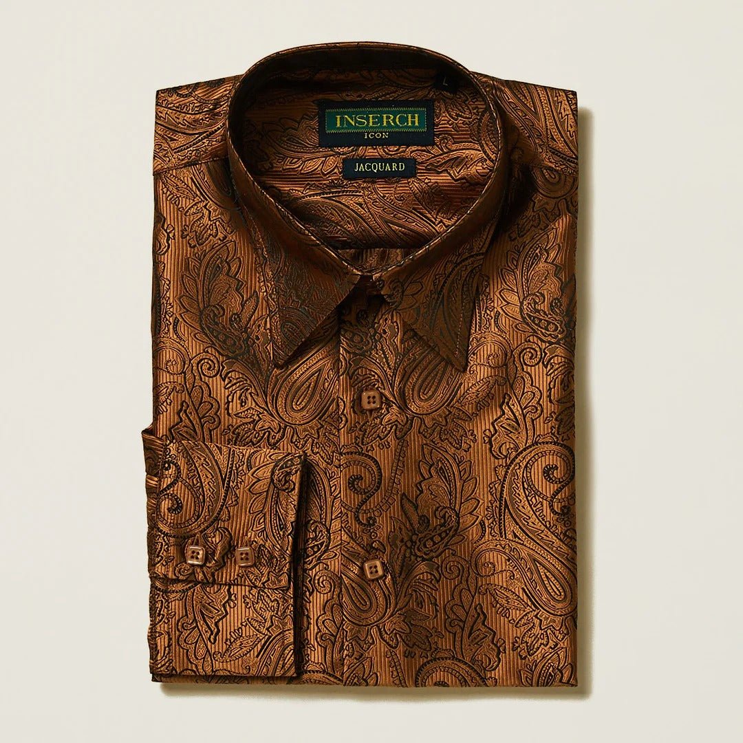 Caramel Paisley Long Sleeve Jacquard Shirt - Upscale Men's Fashion