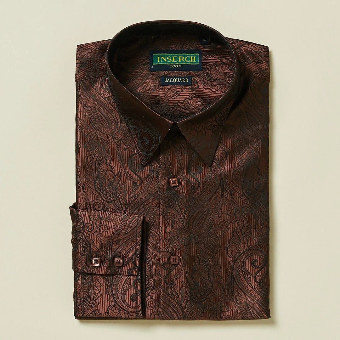 Chocolate Paisley Long Sleeve Jacquard Shirt - Upscale Men's Fashion
