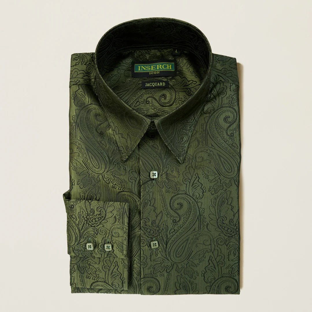 Olive Paisley Long Sleeve Jacquard Shirt - Upscale Men's Fashion