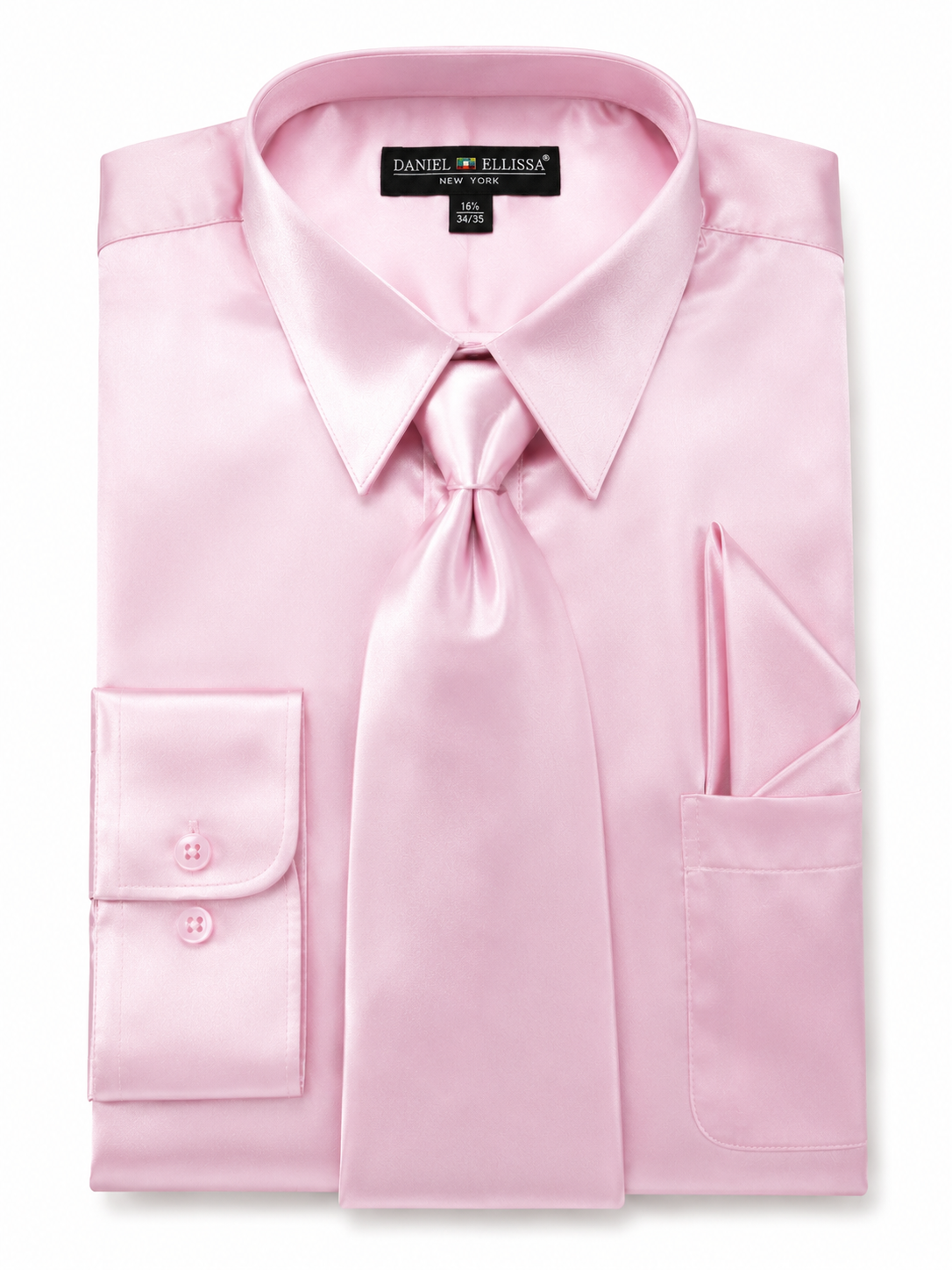 Pink Satin Dress Shirt Set with Matching Tie & Pocket Square