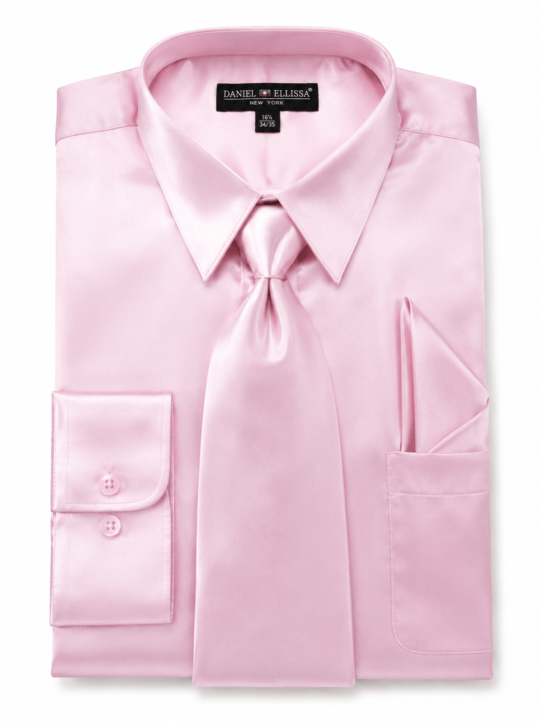 Pink Satin Dress Shirt Set with Matching Tie & Pocket Square, 15–15.5 Neck – 32/33 Sleeve