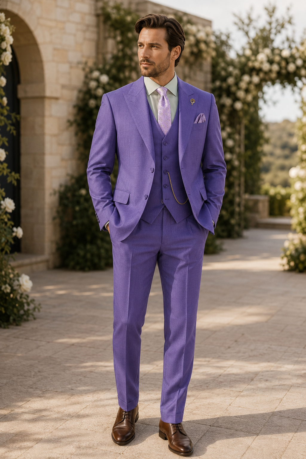 Purple textured regular fit three-piece suit outdoor wedding look