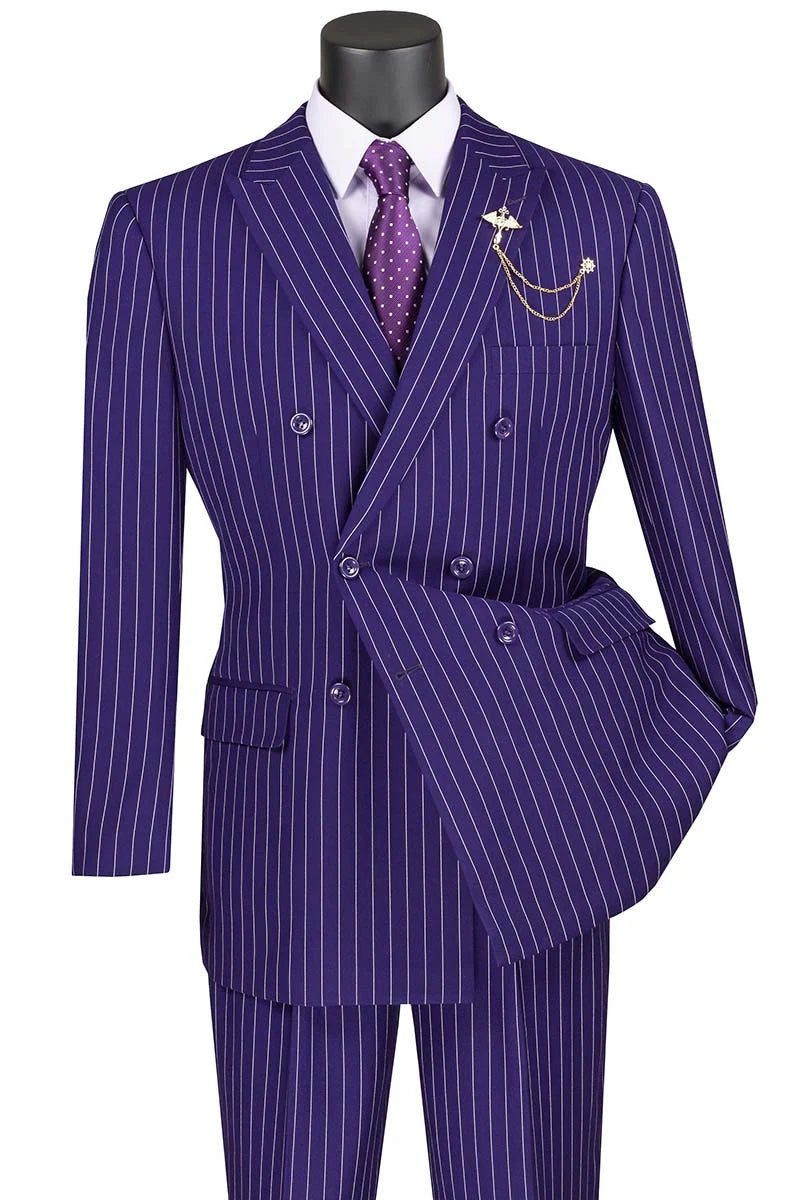 Purple Pinstripe Regular Fit Double-Breasted Suit – Banker Collection - Upscale Men's Fashion