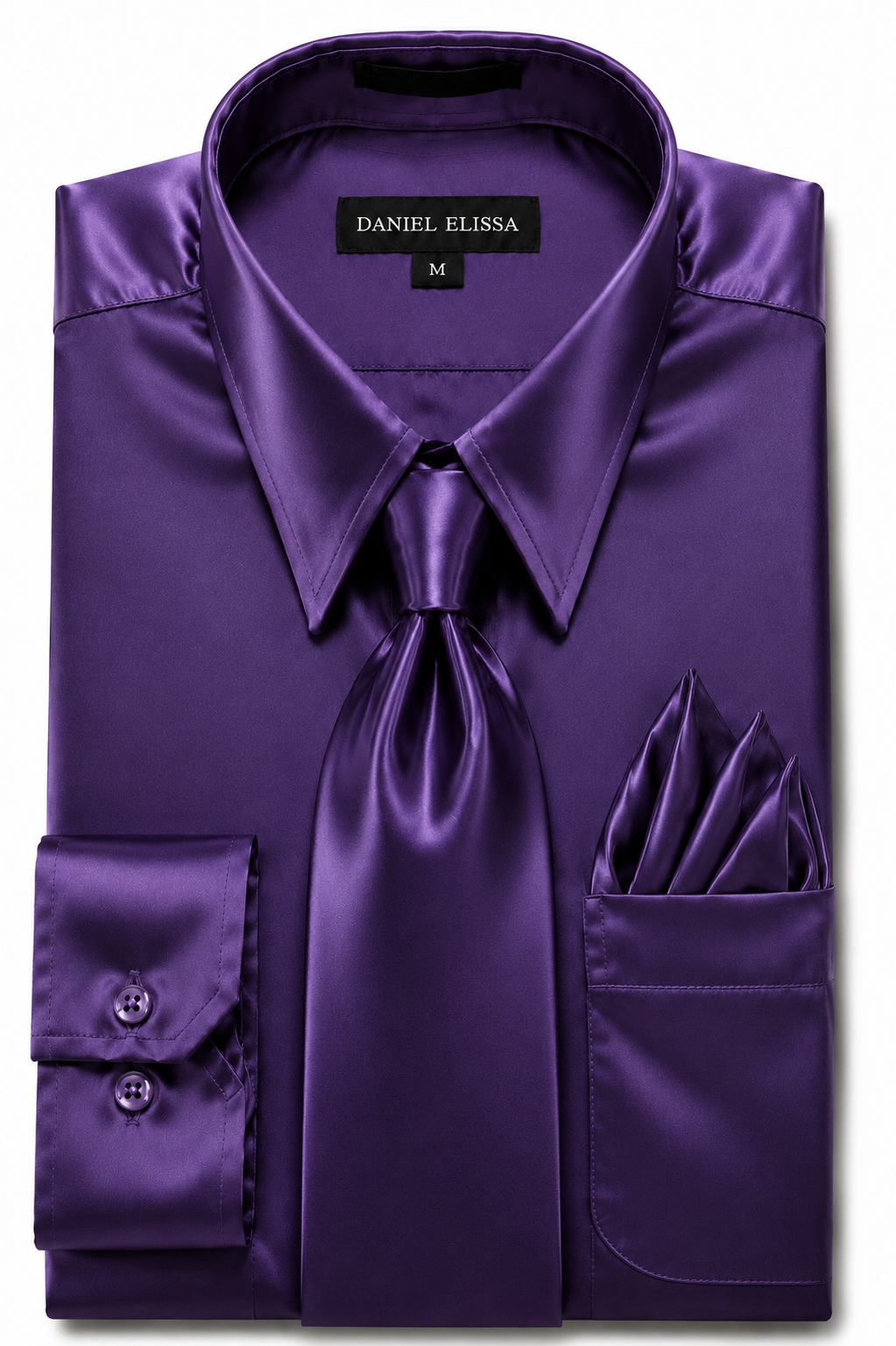Purple Satin Dress Shirt Set with Matching Tie & Pocket Square