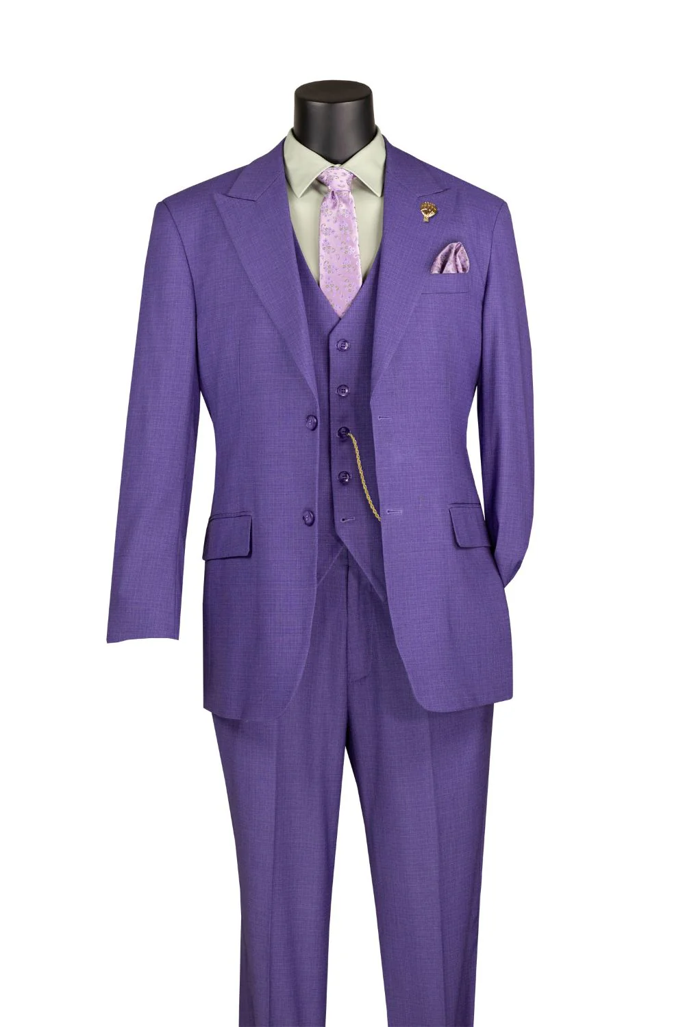 Purple textured regular fit three-piece suit with peak lapels and matching vest