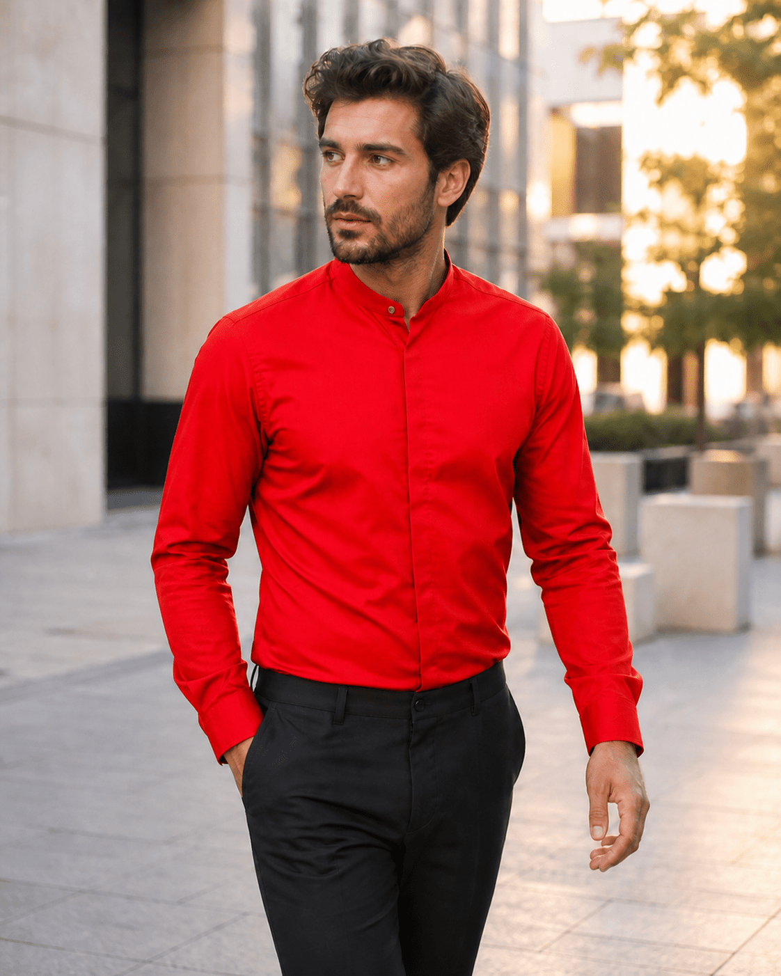 Banded Collar Dress Shirt, Red - Upscale Men's Fashion