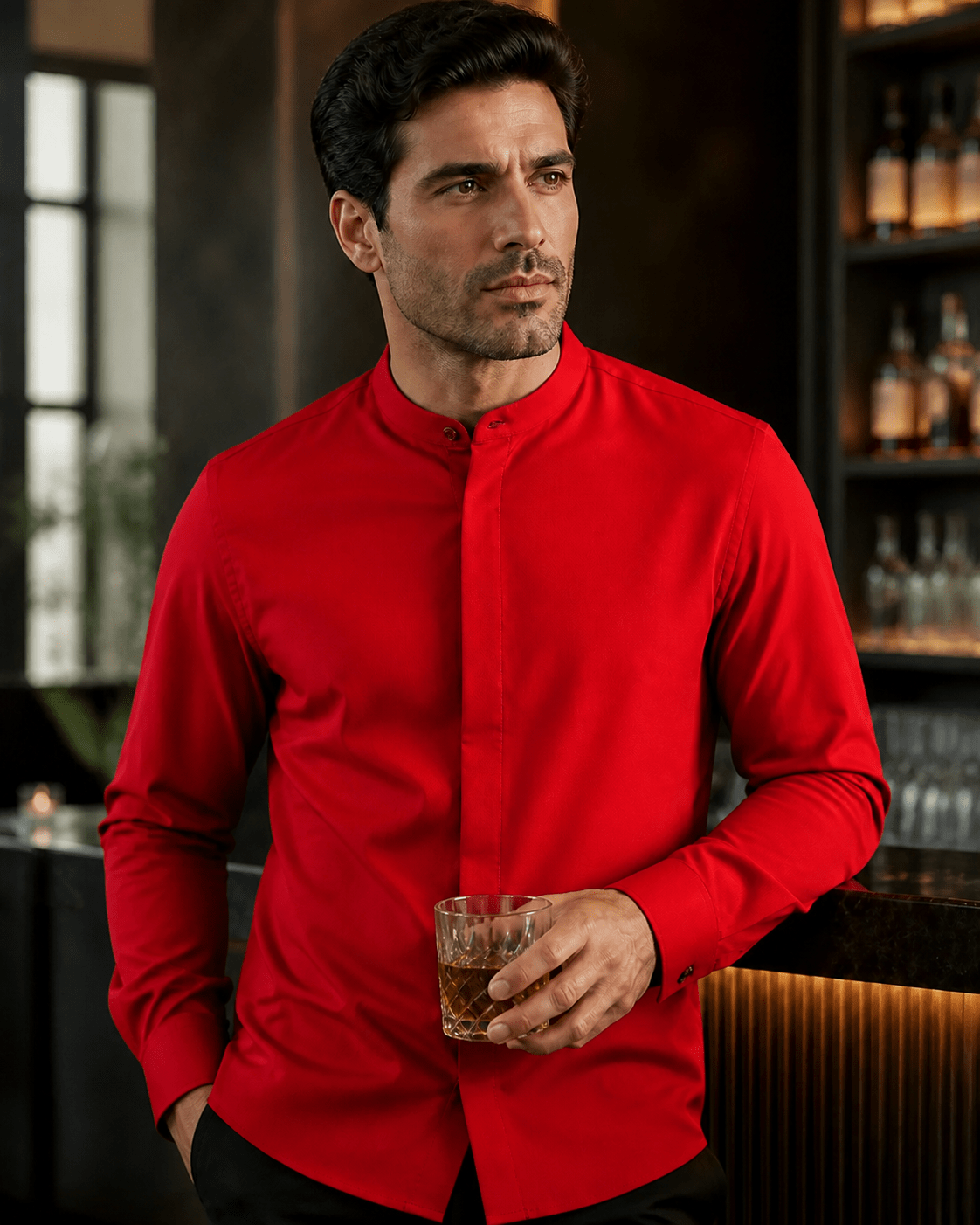Banded Collar Dress Shirt, Red - Upscale Men's Fashion