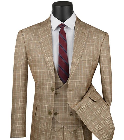 Glenmore Collection-Regular Fit Camel Glen Plaid Three-Piece Suit - Upscale Men's Fashion