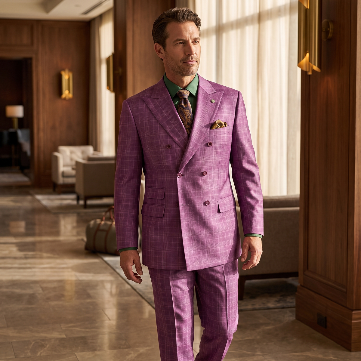 Plum regular fit double-breasted glen plaid two-piece suit – hotel lifestyle image