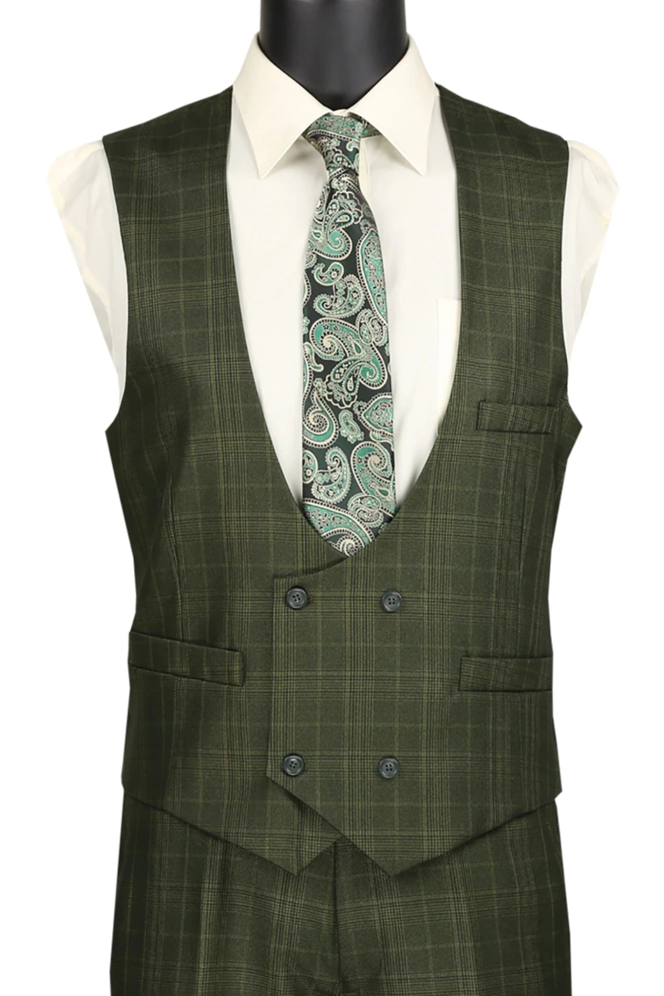 Glenmore Collection-Regular Fit Olive Green Glen Plaid Three-Piece Suit - Upscale Men's Fashion