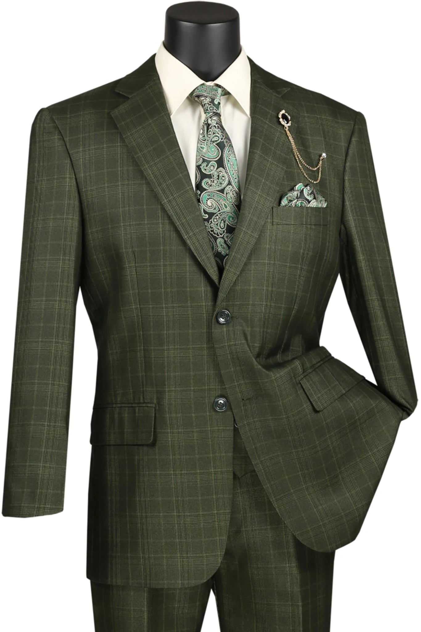 Glenmore Collection-Regular Fit Olive Green Glen Plaid Three-Piece Suit - Upscale Men's Fashion
