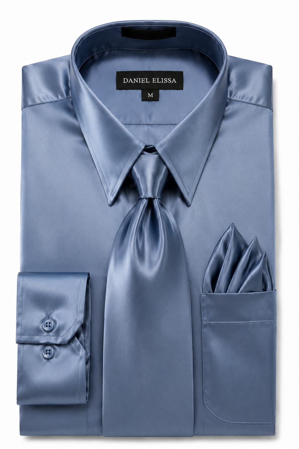 Royal Blue Satin Dress Shirt Set with Matching Tie & Pocket Square