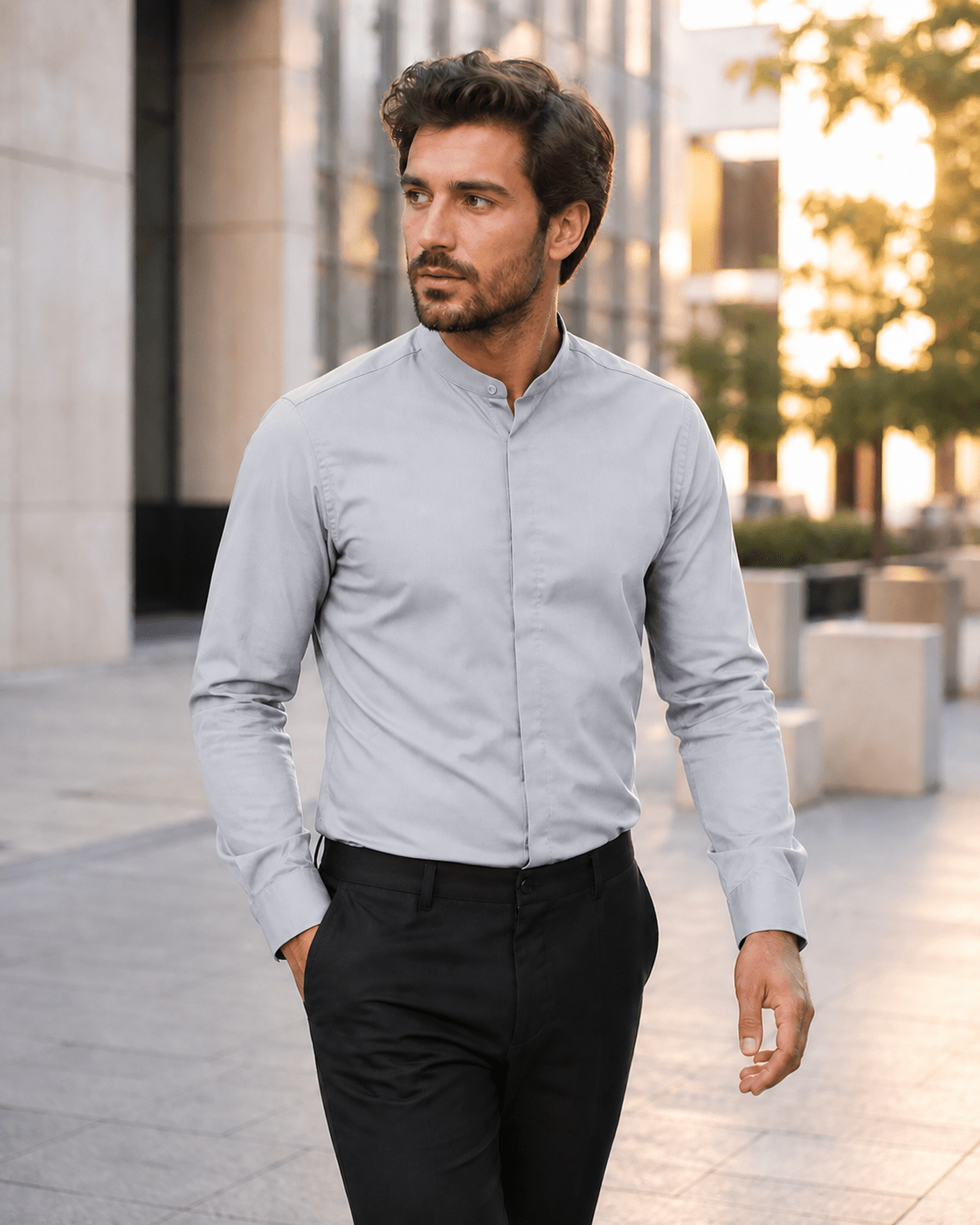 Banded Collar Dress Shirt ,Silver - Upscale Men's Fashion