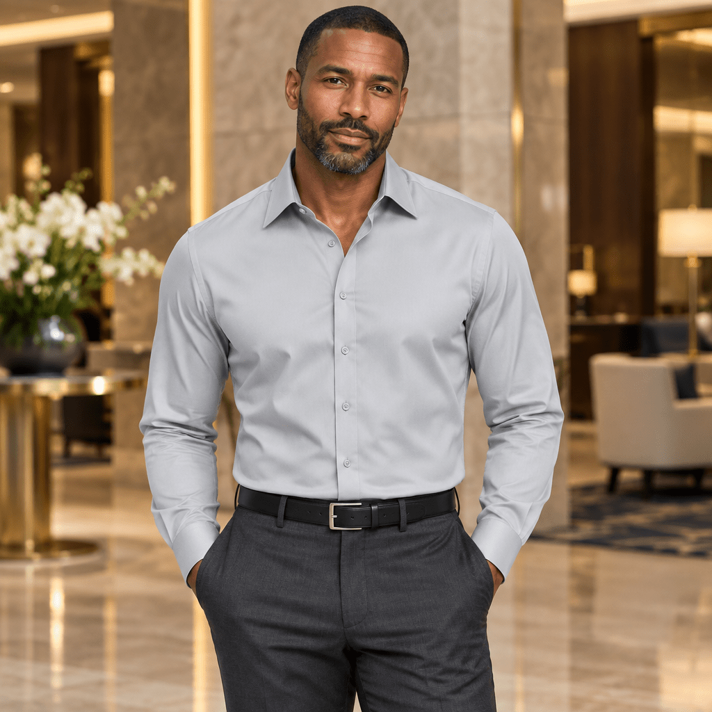 Men's Basic Dress Shirt with Convertible Cuff -Color Silver - Upscale Men's Fashion