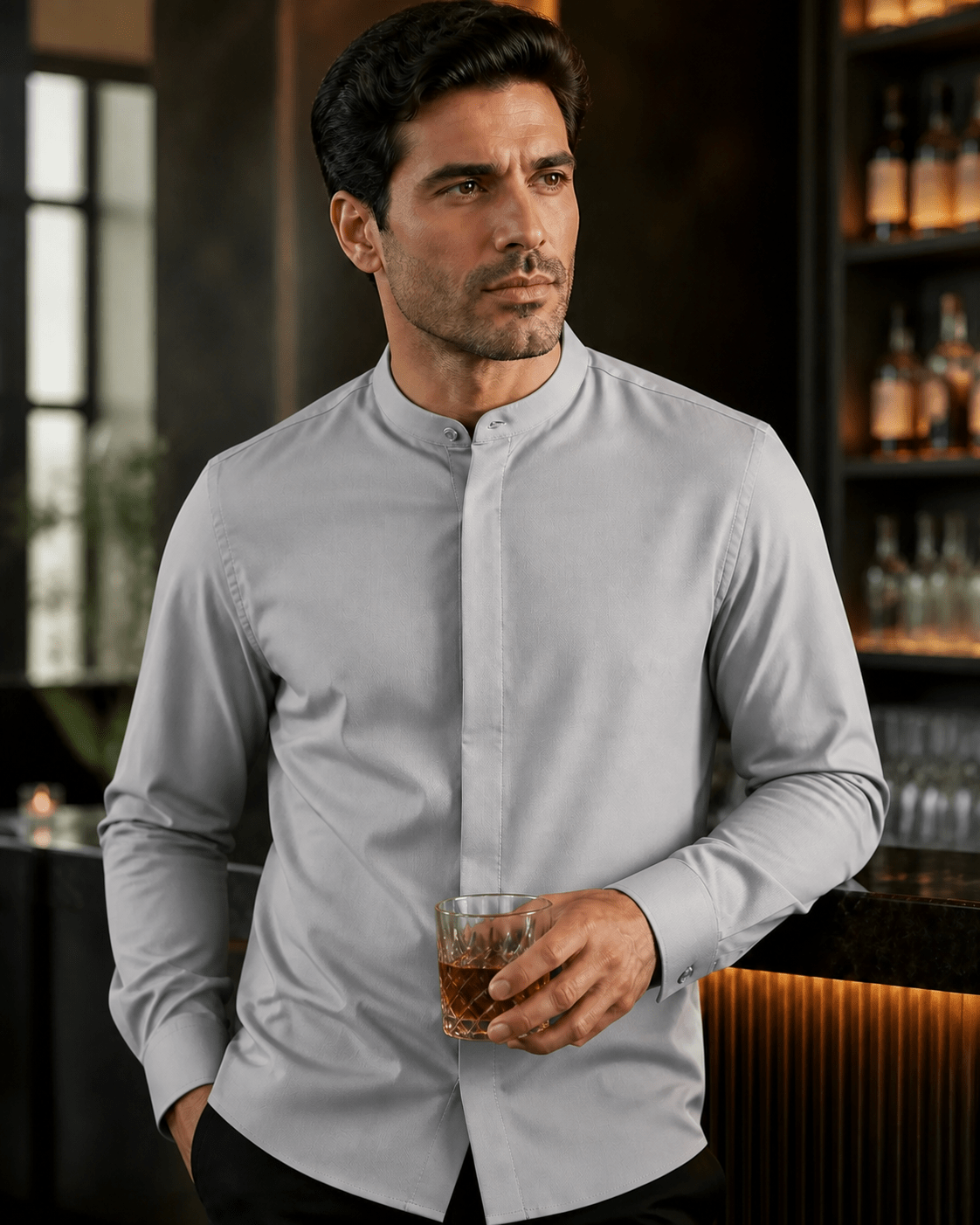 Banded Collar Dress Shirt ,Silver - Upscale Men's Fashion