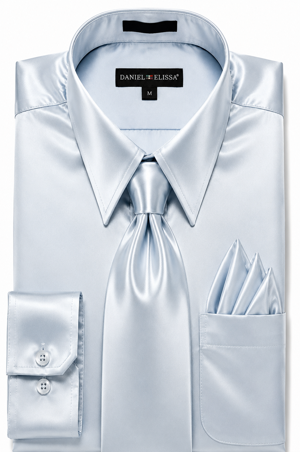 Grey Satin Dress Shirt Set with Matching Tie & Pocket Square