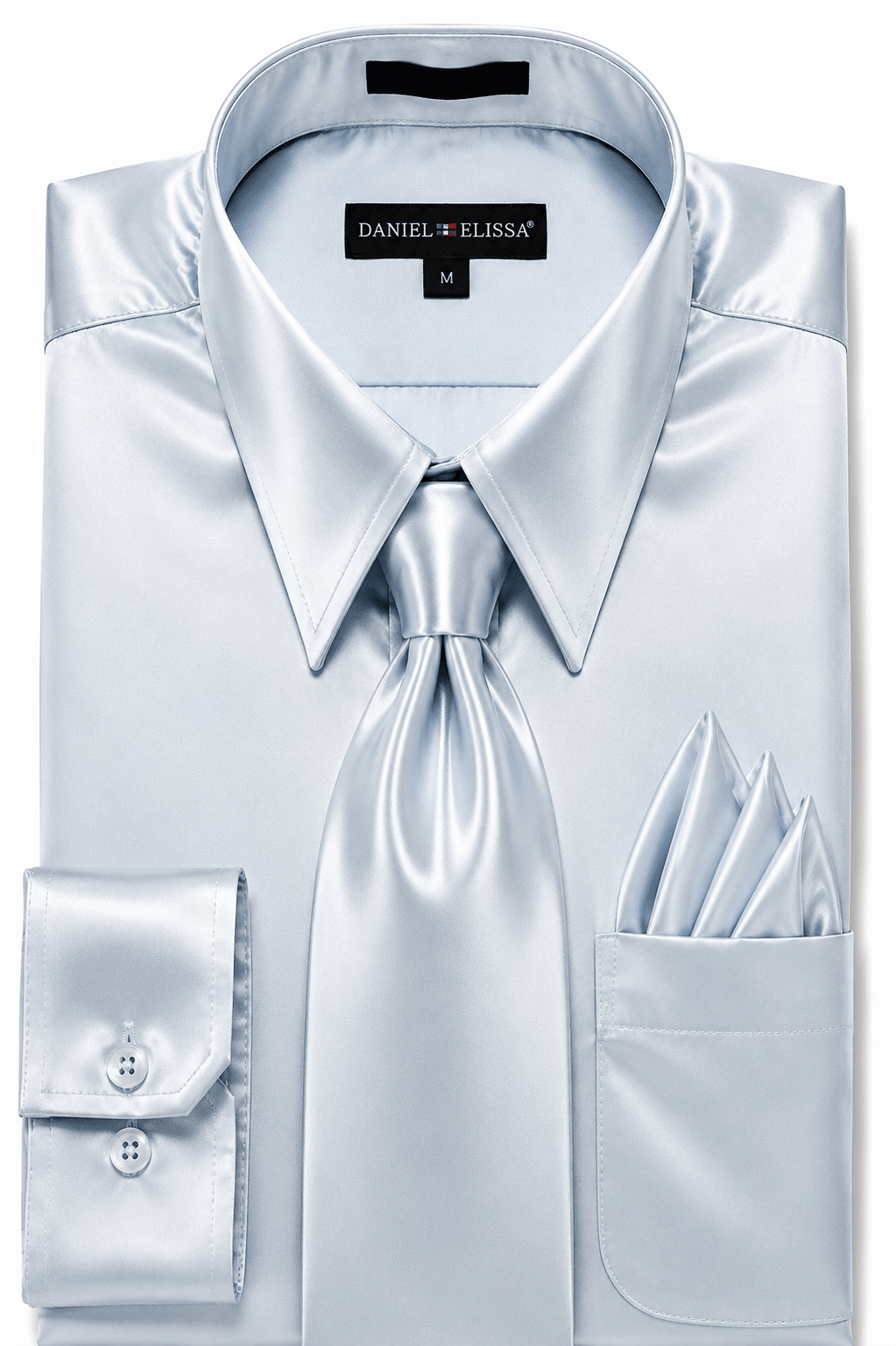 Grey Satin Dress Shirt Set with Matching Tie & Pocket Square - Upscale Men's Fashion