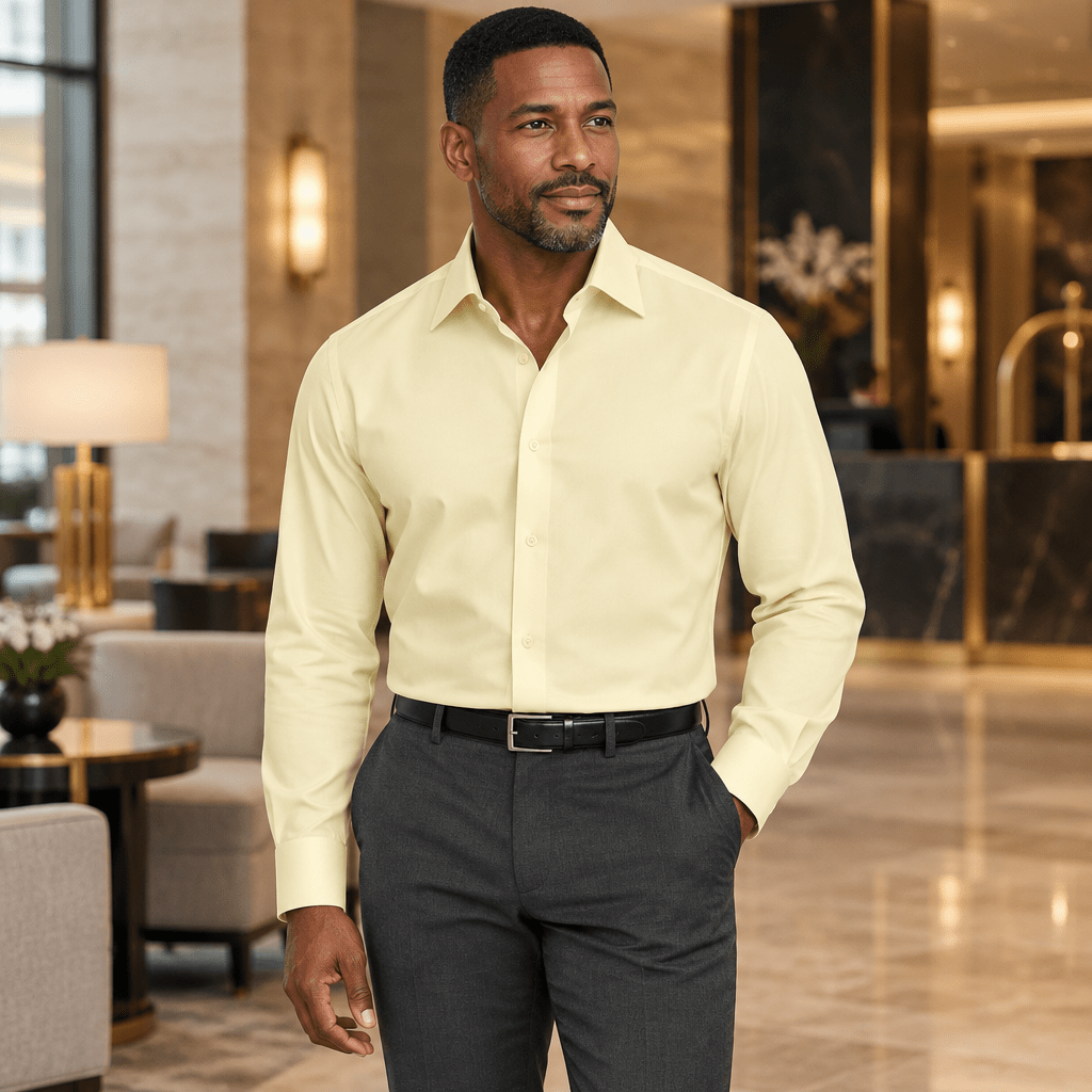 Men's Basic Dress Shirt with Convertible Cuff -Color Soft Butter - Upscale Men's Fashion