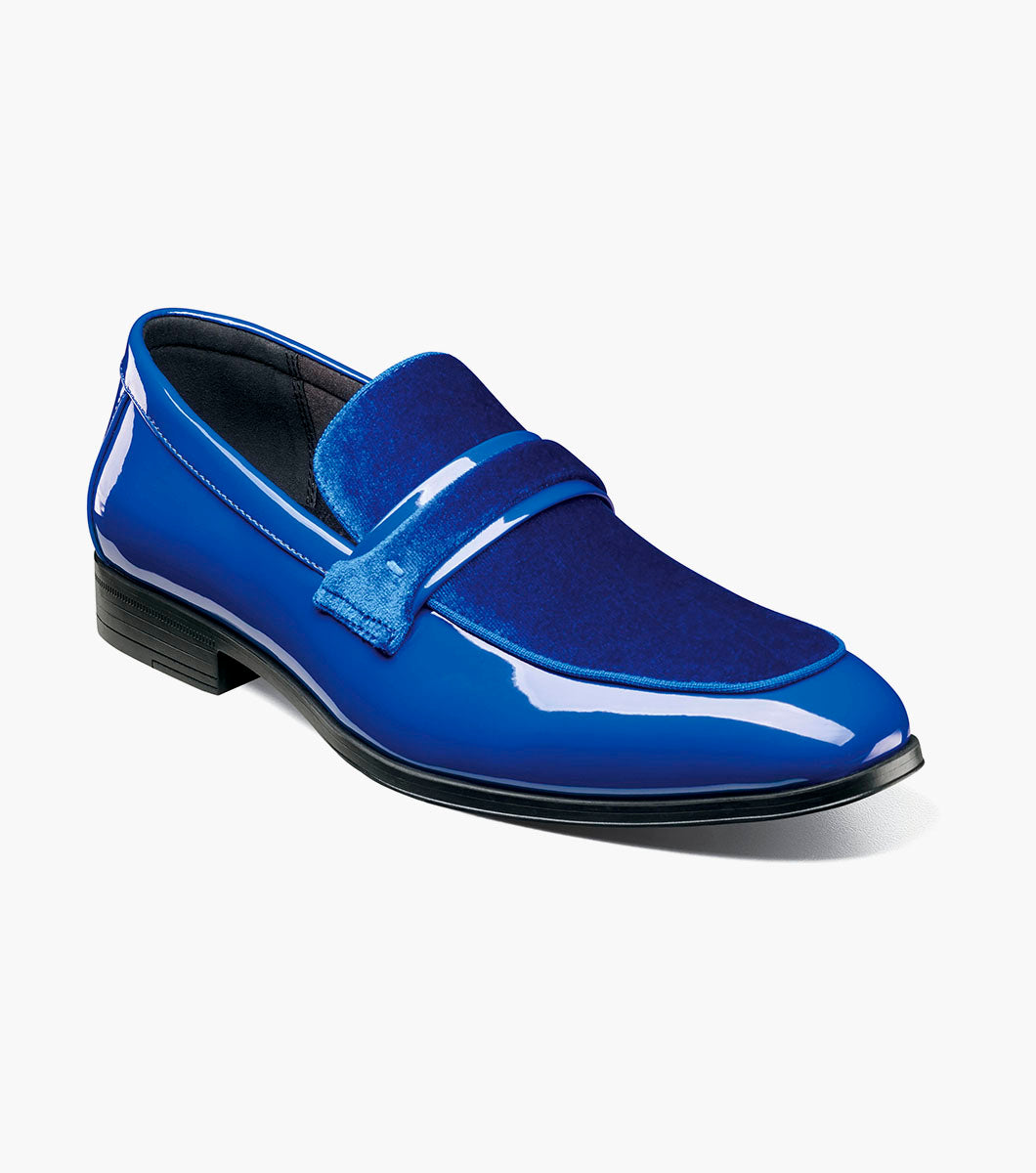 Stacy Adams Spratley Royal Blue velour patent moc toe loafers front view