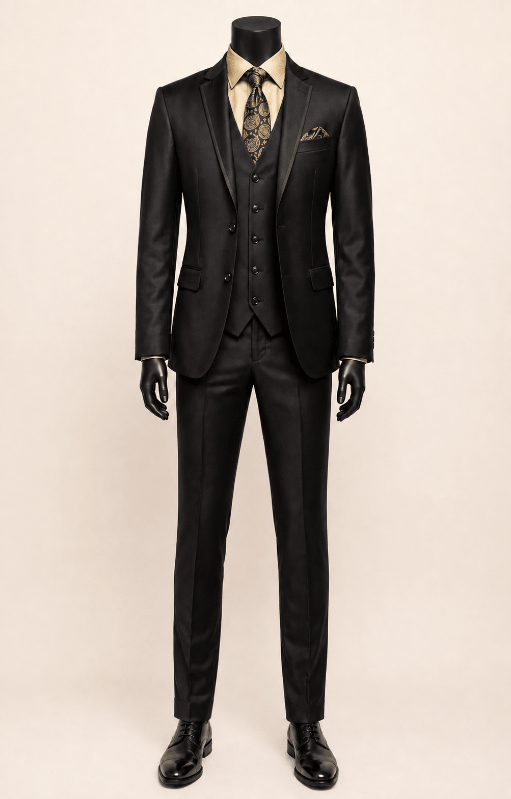 Men’s Black Slim Fit 3-Piece Satin-Look Suit with Vest – Valdoro Collection - Upscale Men's Fashion