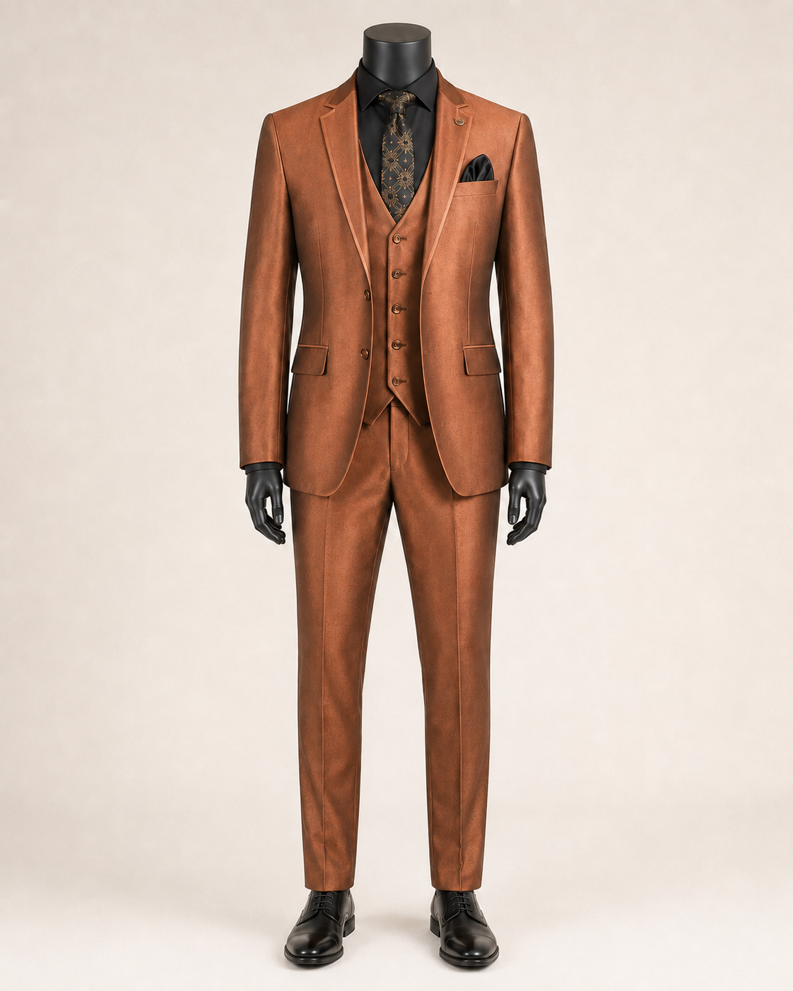 Men's cappuccino slim fit three-piece satin suit with matching satin lapel trim